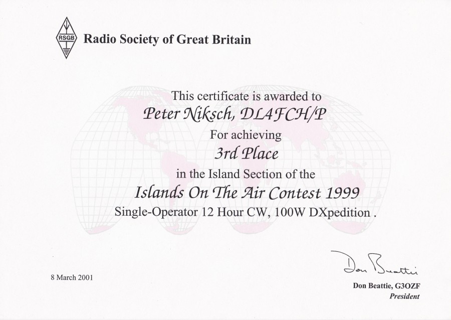 Islands On The Air Contest 1999, 3rd Place